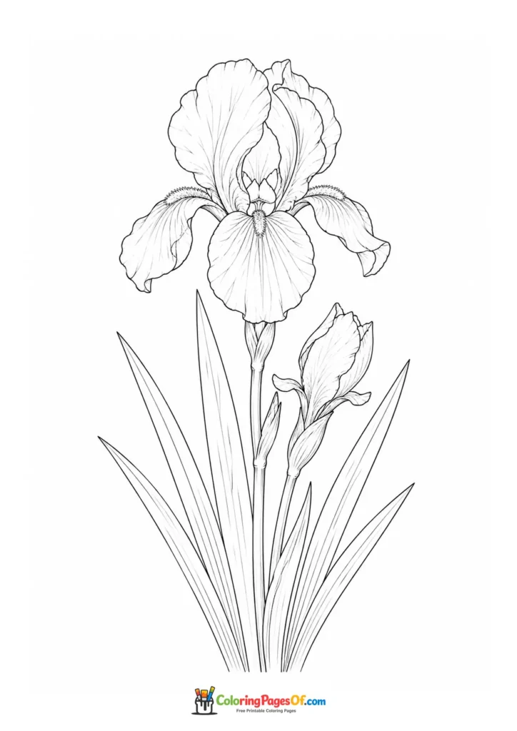 Tall iris flower with a second bud and sword-shaped leaves coloring page