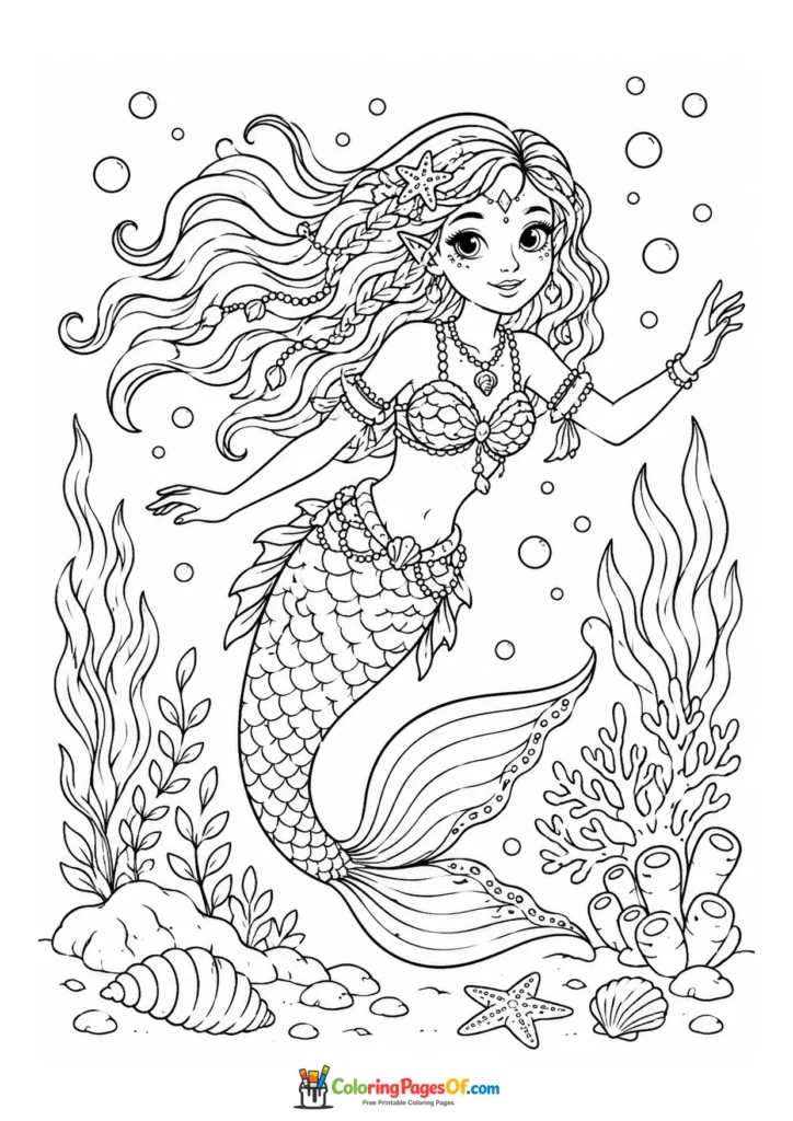 Jeweled Fantasy Mermaid Underwater coloring page