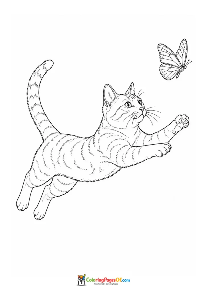 Jumping cat chasing a butterfly – printable black and white coloring page
