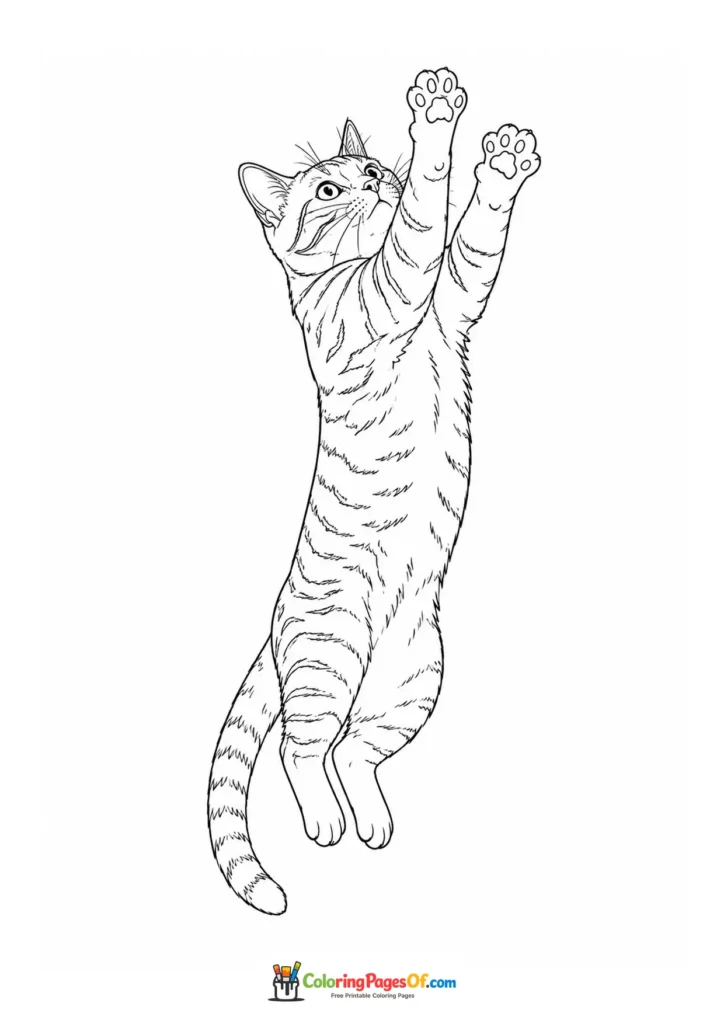 Jumping tabby cat with paws up – printable black and white coloring page
