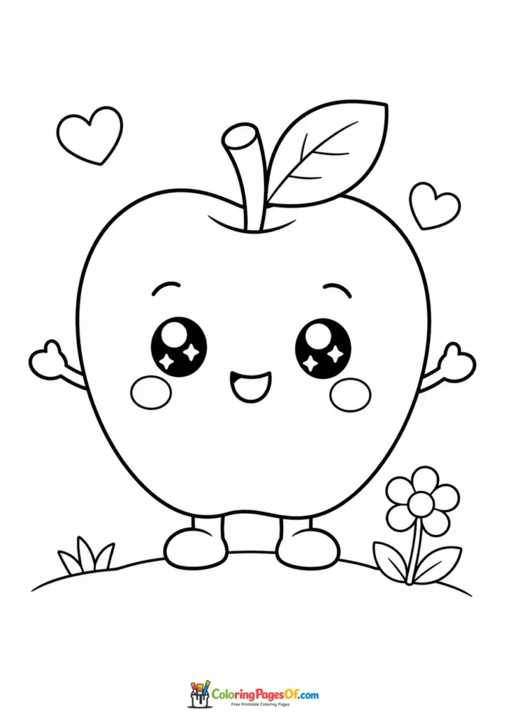 Kawaii Apple among Flowers coloring page