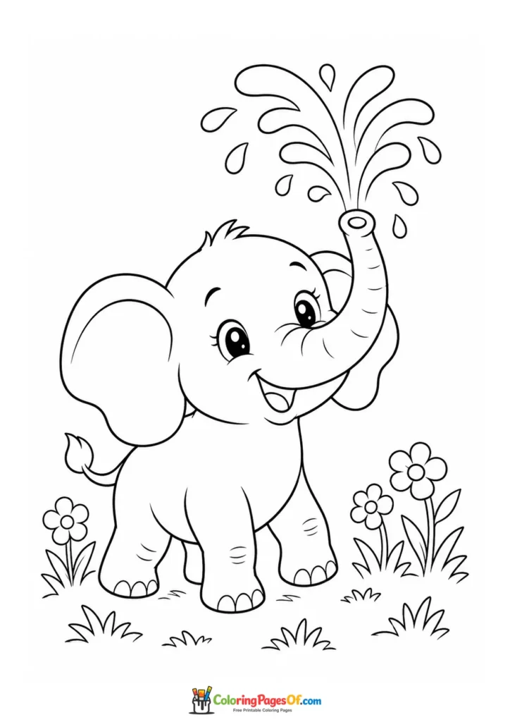 Kawaii Baby Elephant Spraying Water coloring page