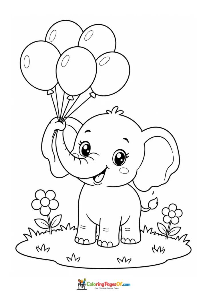 Kawaii Baby Elephant with Balloons coloring page