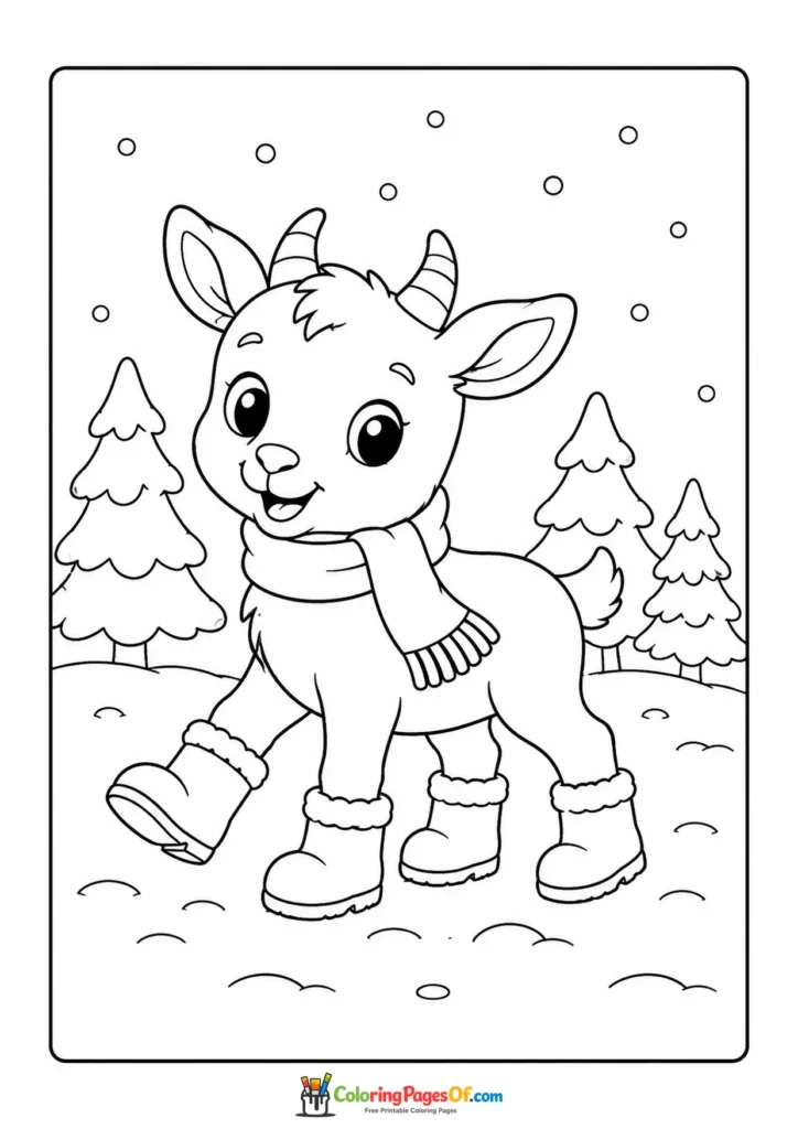 Kawaii Baby Goat in Winter Boots coloring page