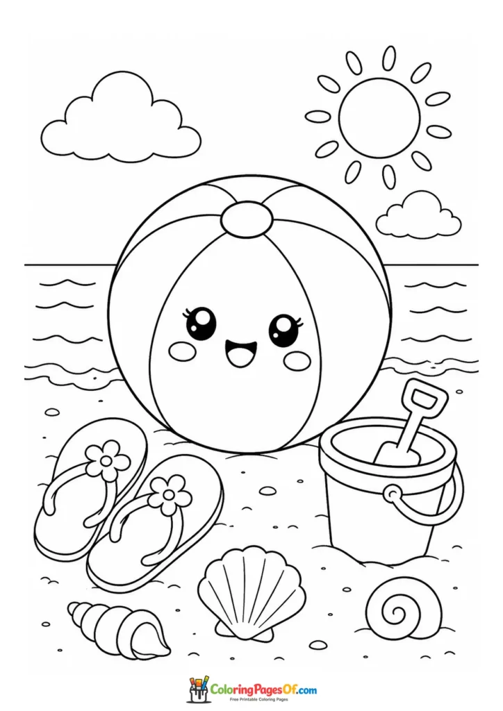 Kawaii Beach Ball and Sand Bucket coloring page
