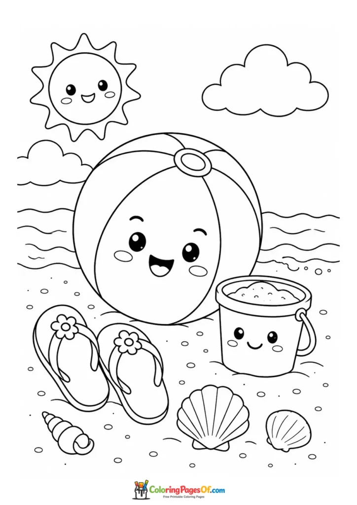 Kawaii Beach Ball and Sand Toys coloring page