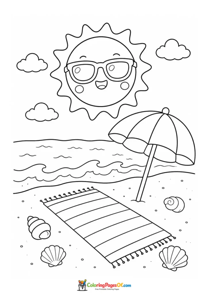 Kawaii Beach Towel and Umbrella coloring page