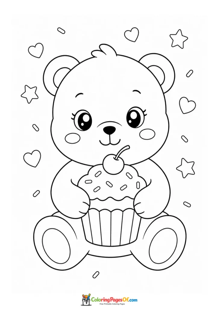 Kawaii Bear with a Cupcake coloring page