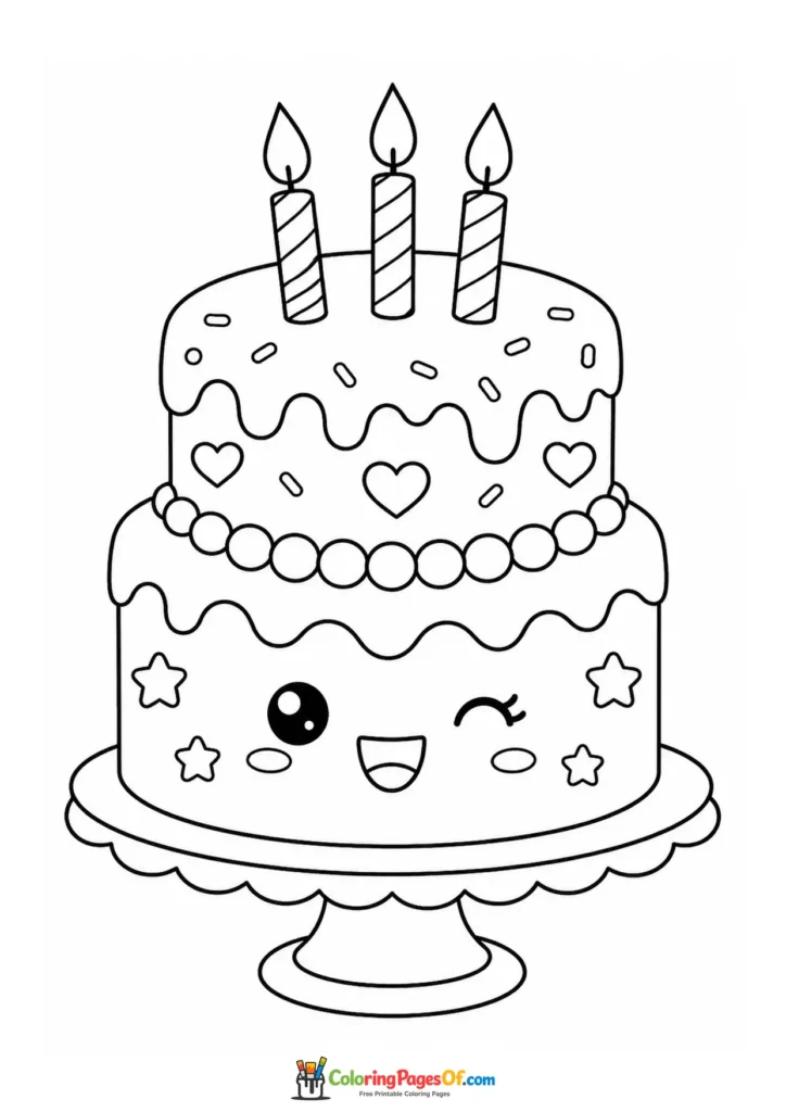 Kawaii Birthday Cake with Candles coloring page