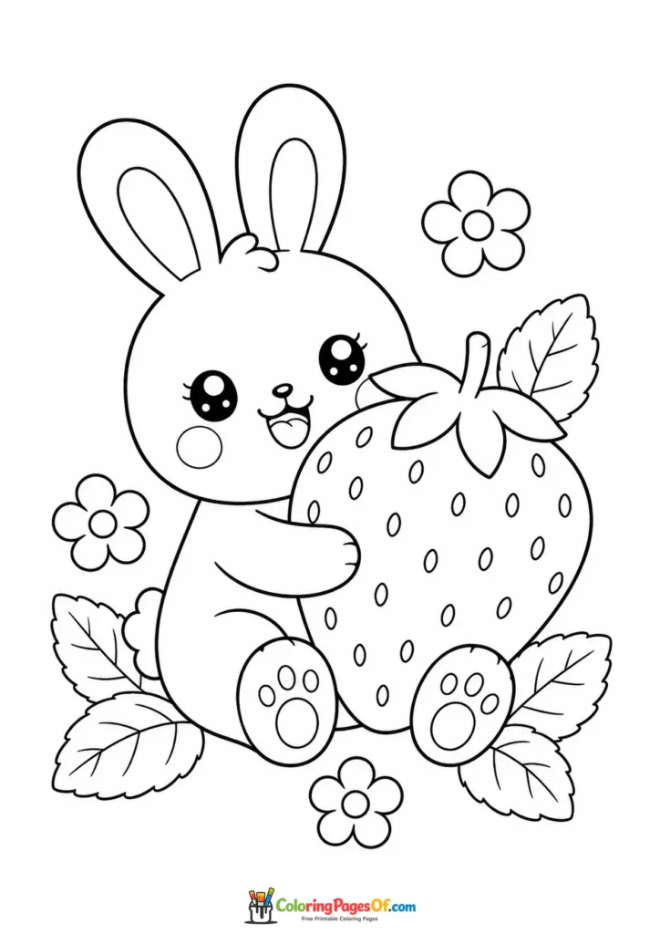 Kawaii Bunny Hugging a Strawberry coloring page