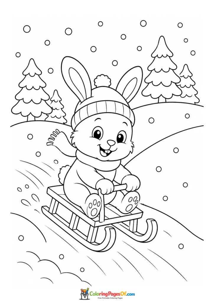 Kawaii Bunny Sledding coloring page
