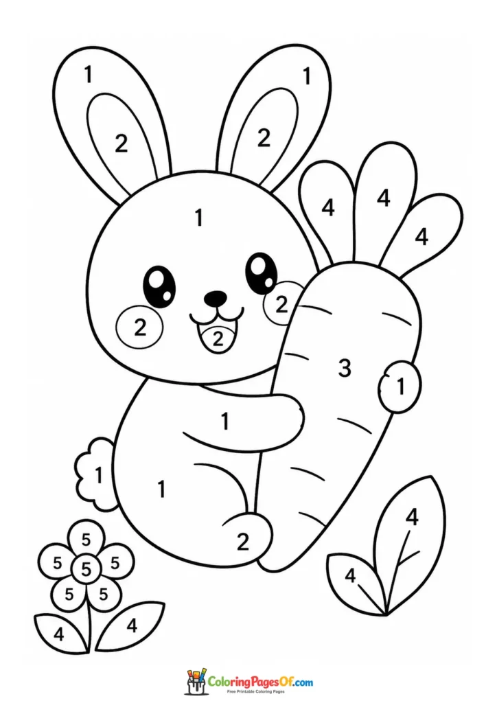 Kawaii Bunny with a Carrot Color by Number printable activity for kids
