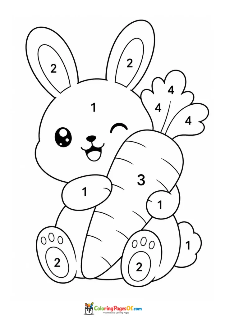 Kawaii Bunny with a Carrot Color by Number printable activity for kids