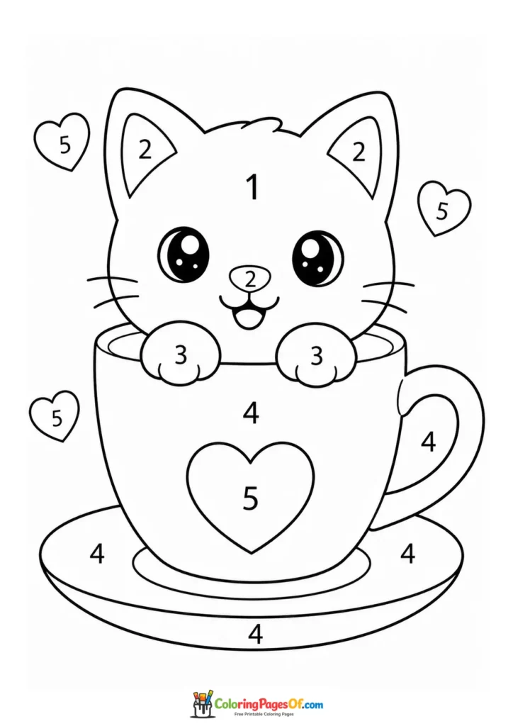 Kawaii Cat in a Teacup Color by Number printable activity for kids
