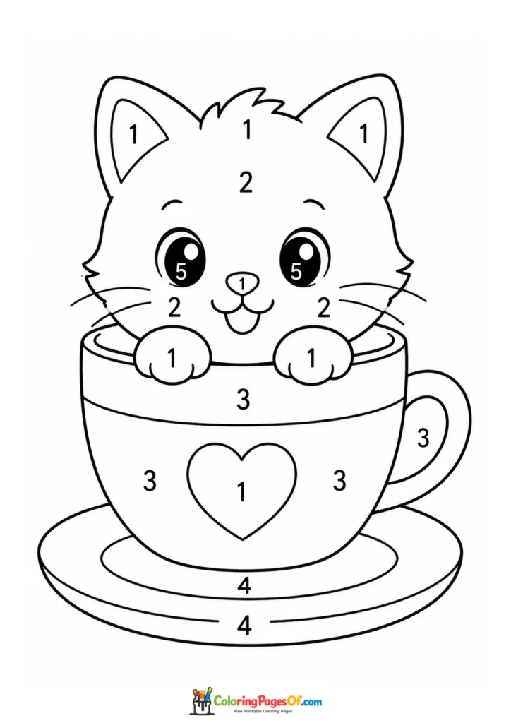 Kawaii Cat in a Teacup Color by Number printable activity for kids