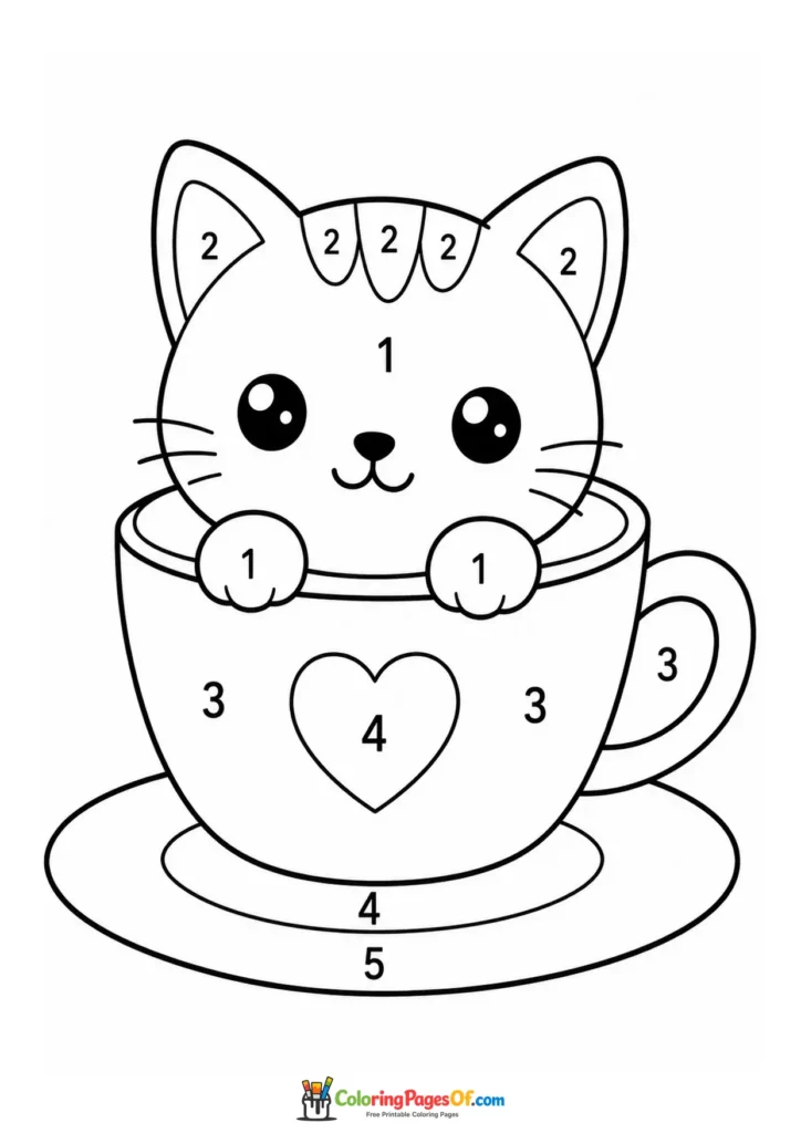 Kawaii Cat in a Teacup Color by Number printable activity for kids