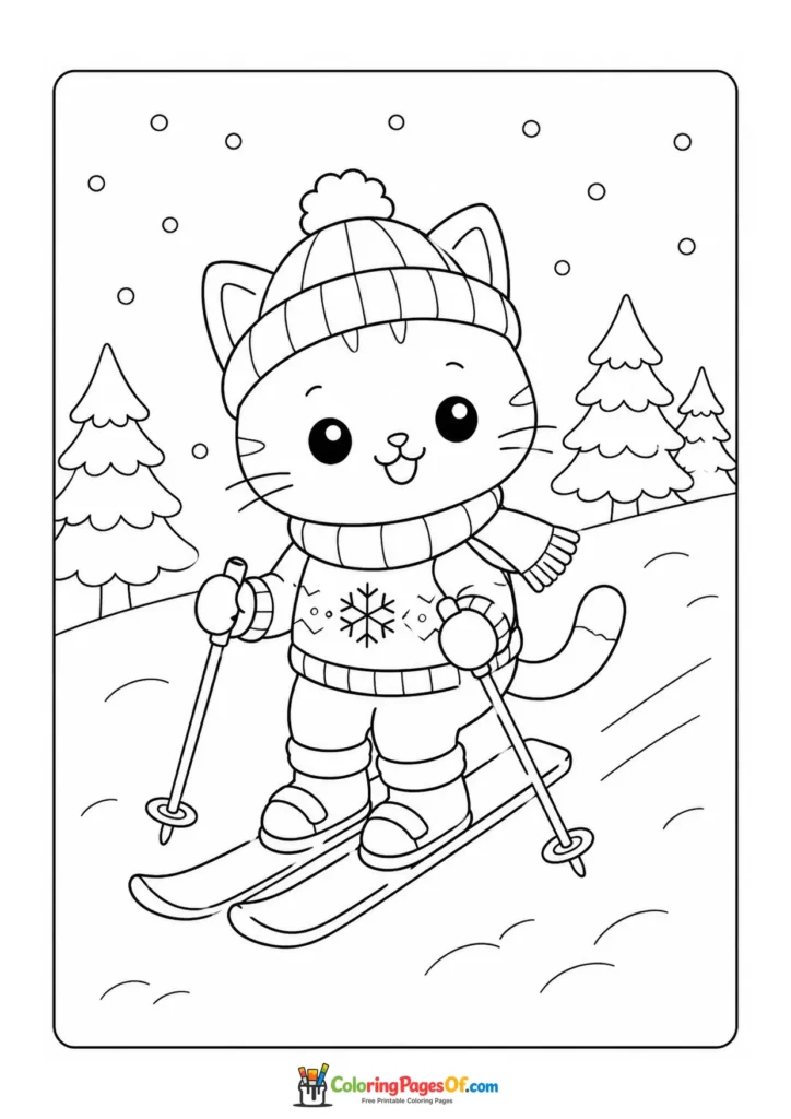 Kawaii Cat Skiing coloring page