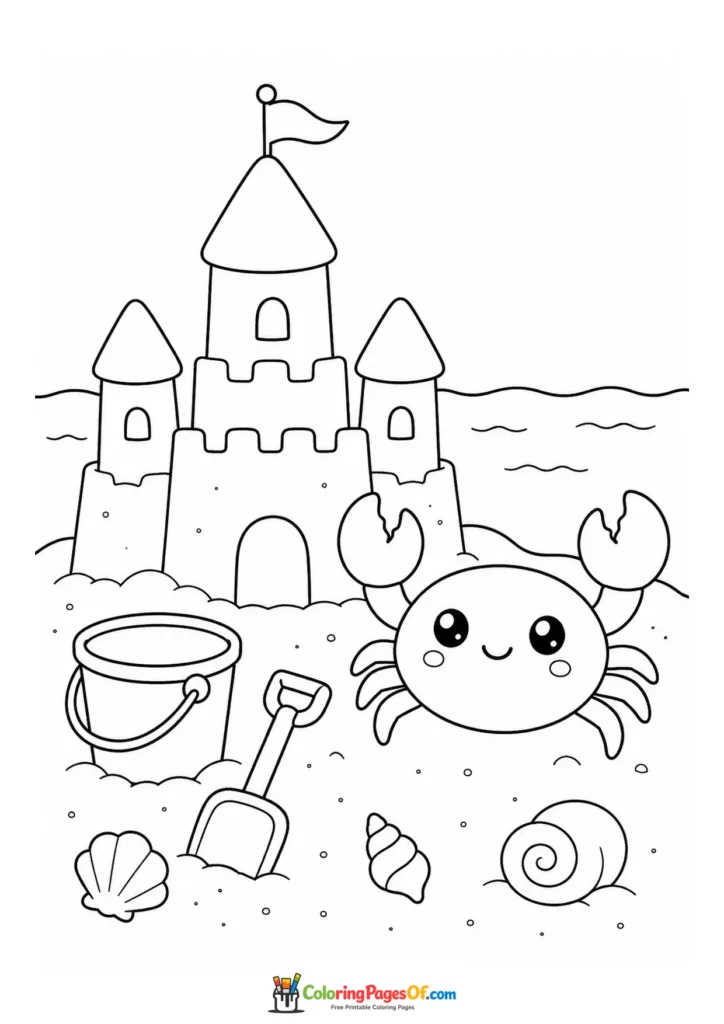 Kawaii Crab beside a Sandcastle coloring page