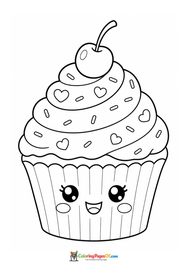 Kawaii Cupcake with a Cherry coloring page