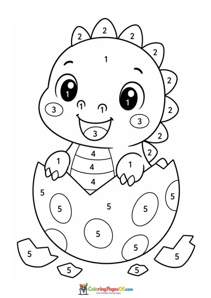 Kawaii Dinosaur in an Egg Color by Number printable activity for kids