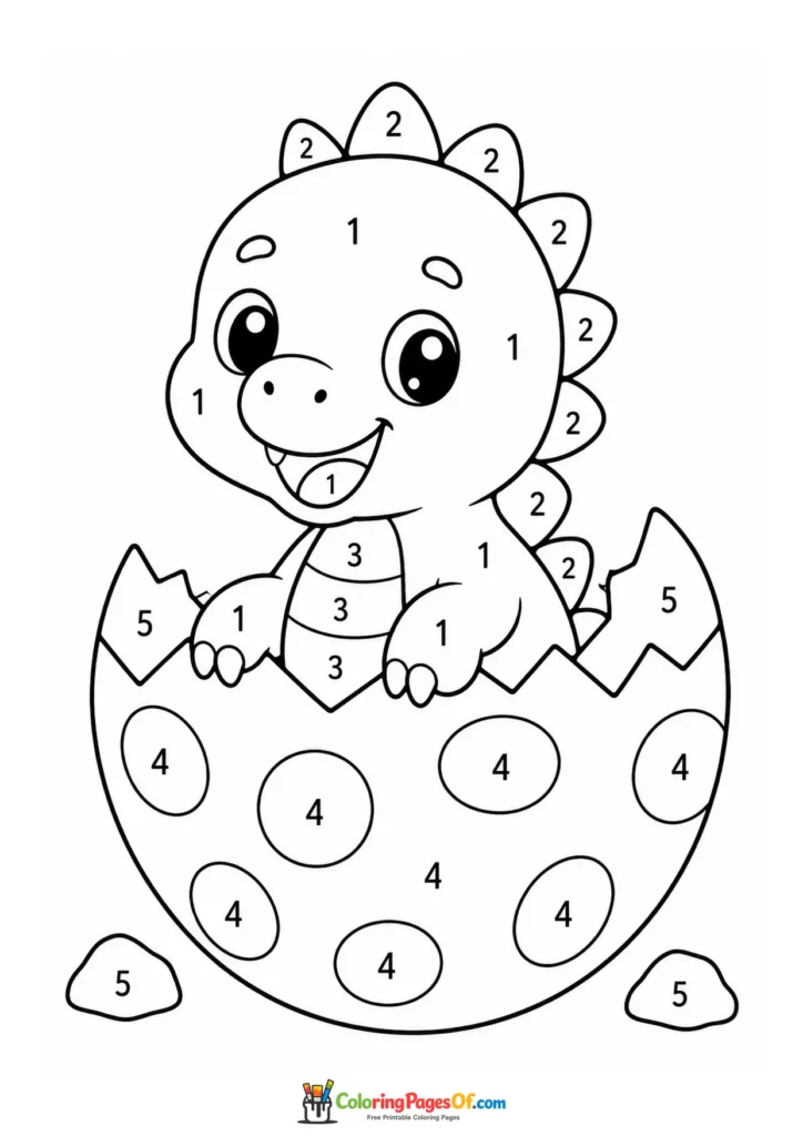 Kawaii Dinosaur in an Egg Color by Number printable activity for kids