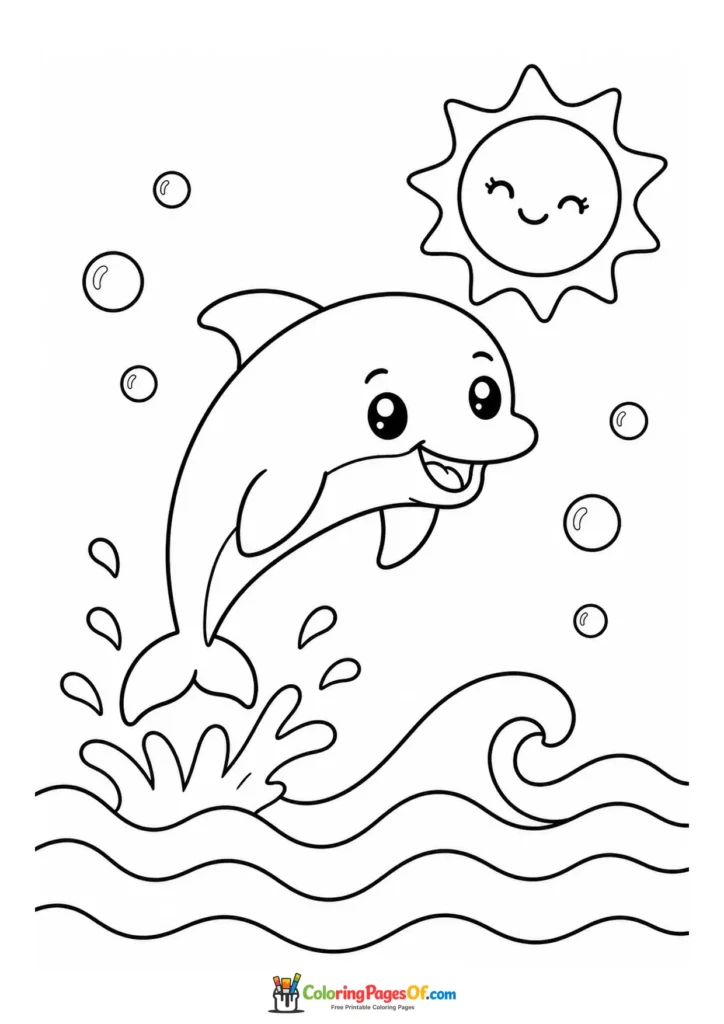 Kawaii Dolphin in Summer Waves coloring page