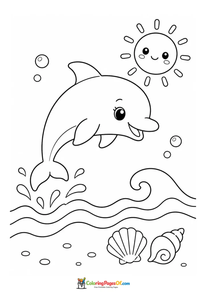 Kawaii Dolphin Jumping through Waves coloring page