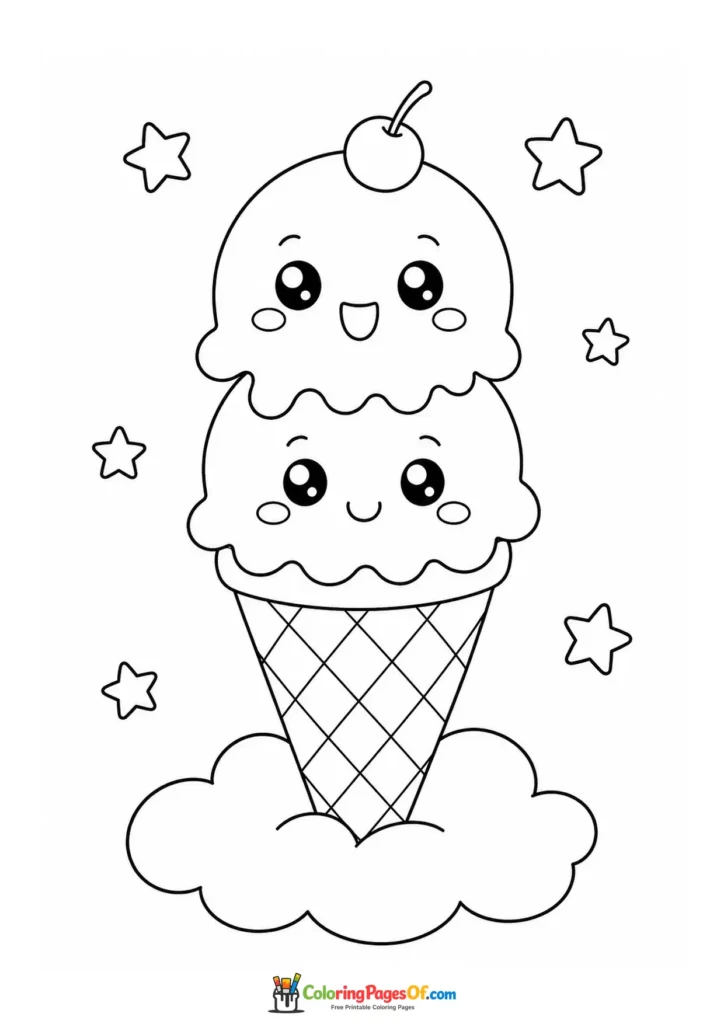 Kawaii Double-Scoop Ice Cream Cone on a Cloud coloring page