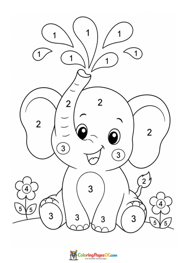Kawaii Elephant Spraying Water Color by Number printable activity for kids