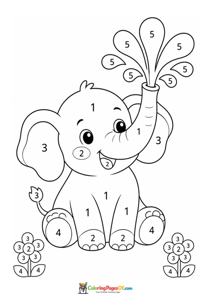 Kawaii Elephant Spraying Water Color by Number printable activity for kids