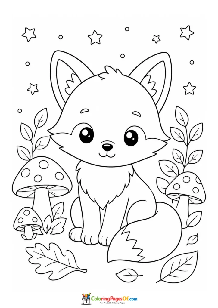 Kawaii Fox among Mushrooms coloring page