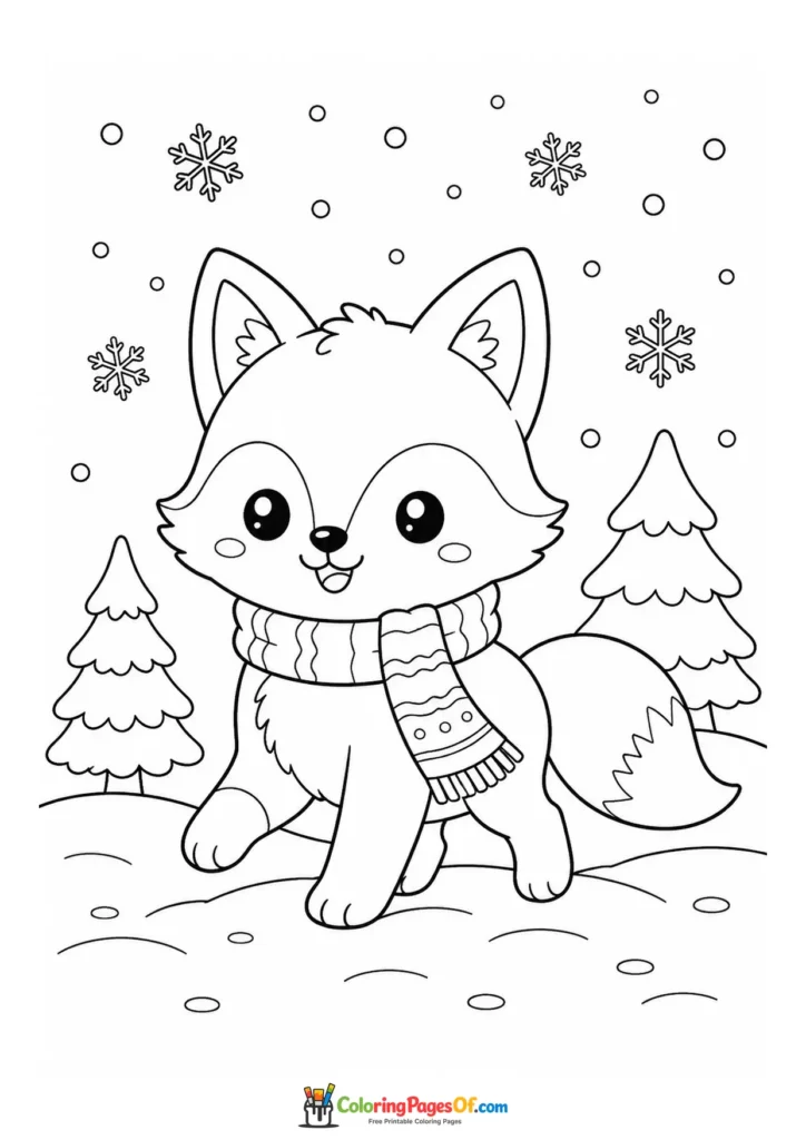Kawaii Fox in a Winter Landscape coloring page
