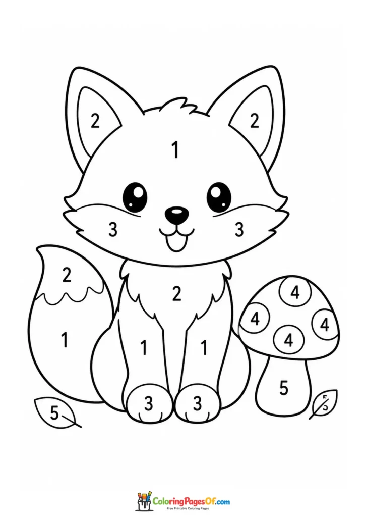 Kawaii Fox with a Mushroom Color by Number printable activity for kids