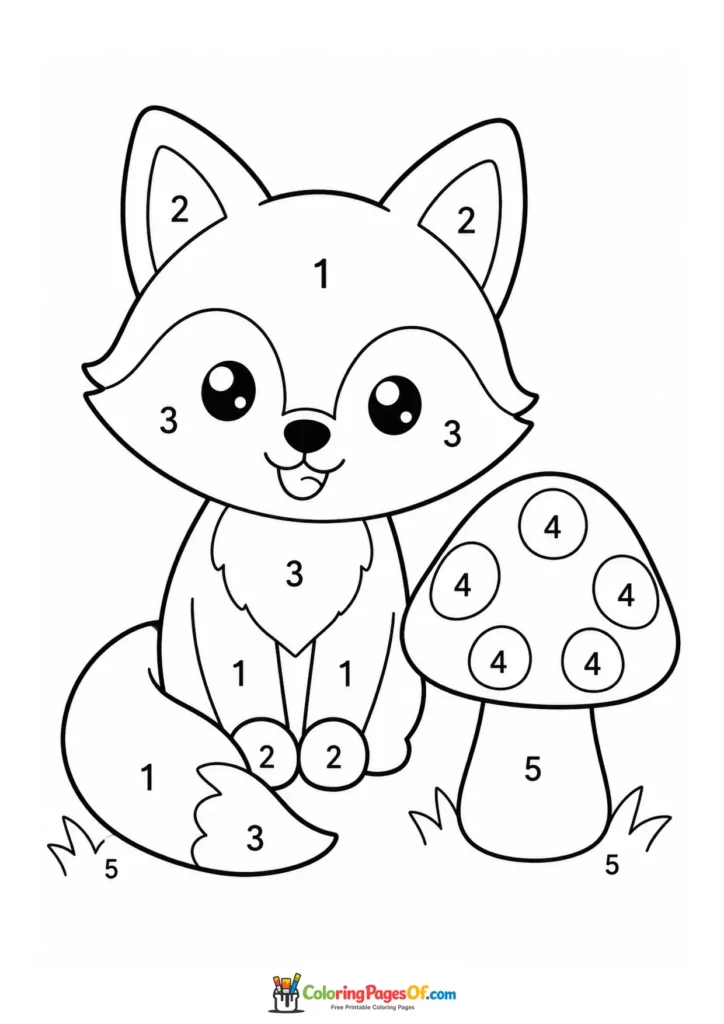 Kawaii Fox with a Mushroom Color by Number printable activity for kids
