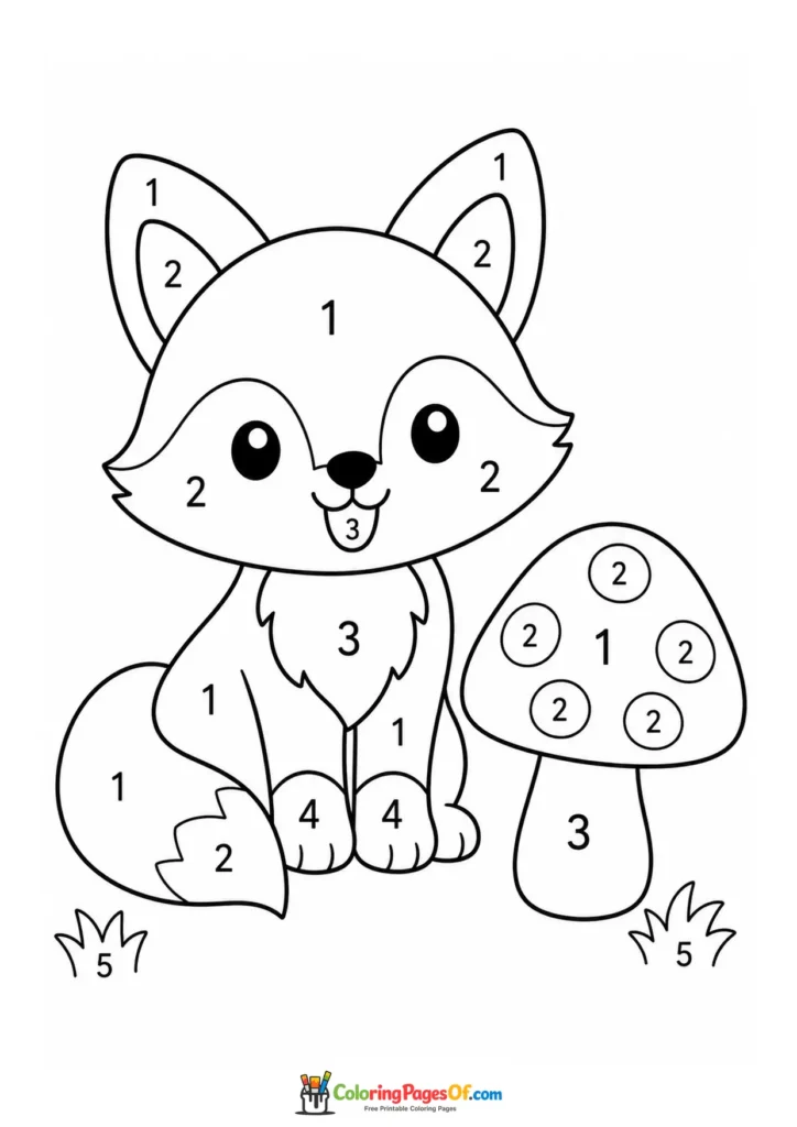 Kawaii Fox with a Mushroom Color by Number printable activity for kids