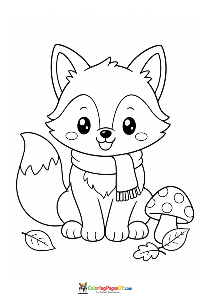 Kawaii Fox with a Scarf and Mushroom coloring page