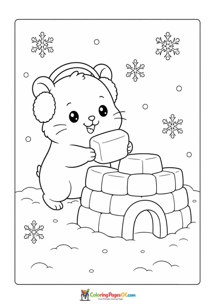 Kawaii Hamster Building an Igloo coloring page