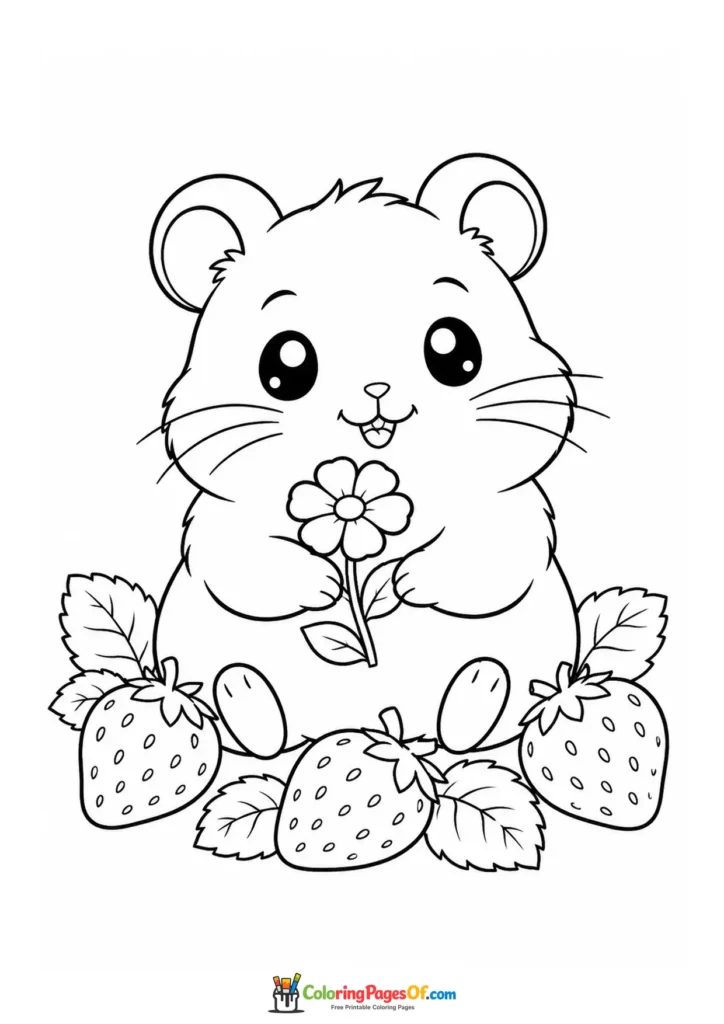 Kawaii Hamster with Strawberries coloring page