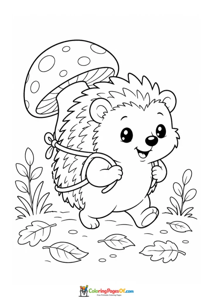 Kawaii Hedgehog under a Mushroom coloring page