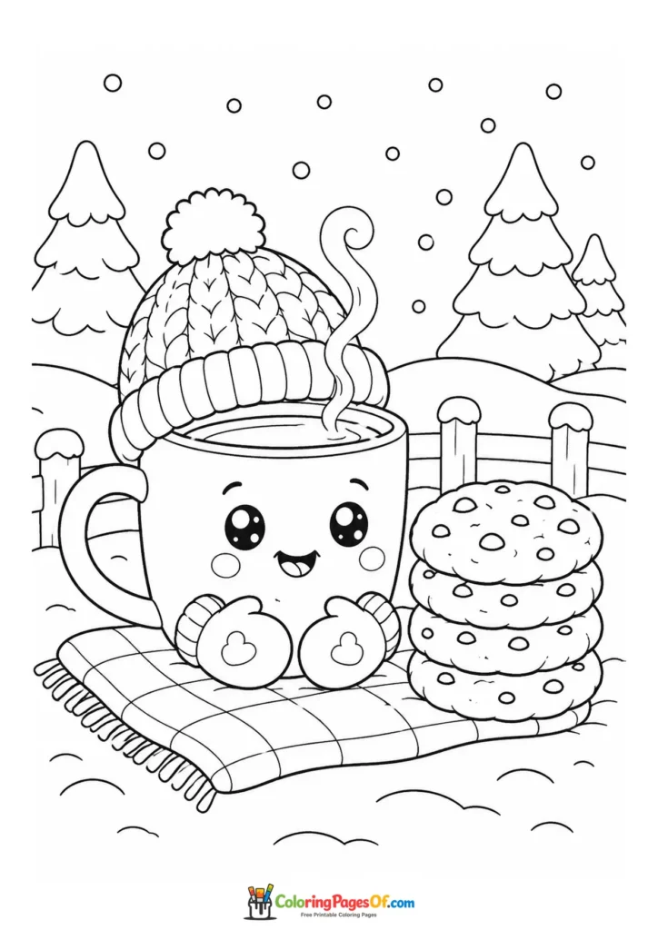 Kawaii Hot Cocoa and Cookies in the Snow coloring page