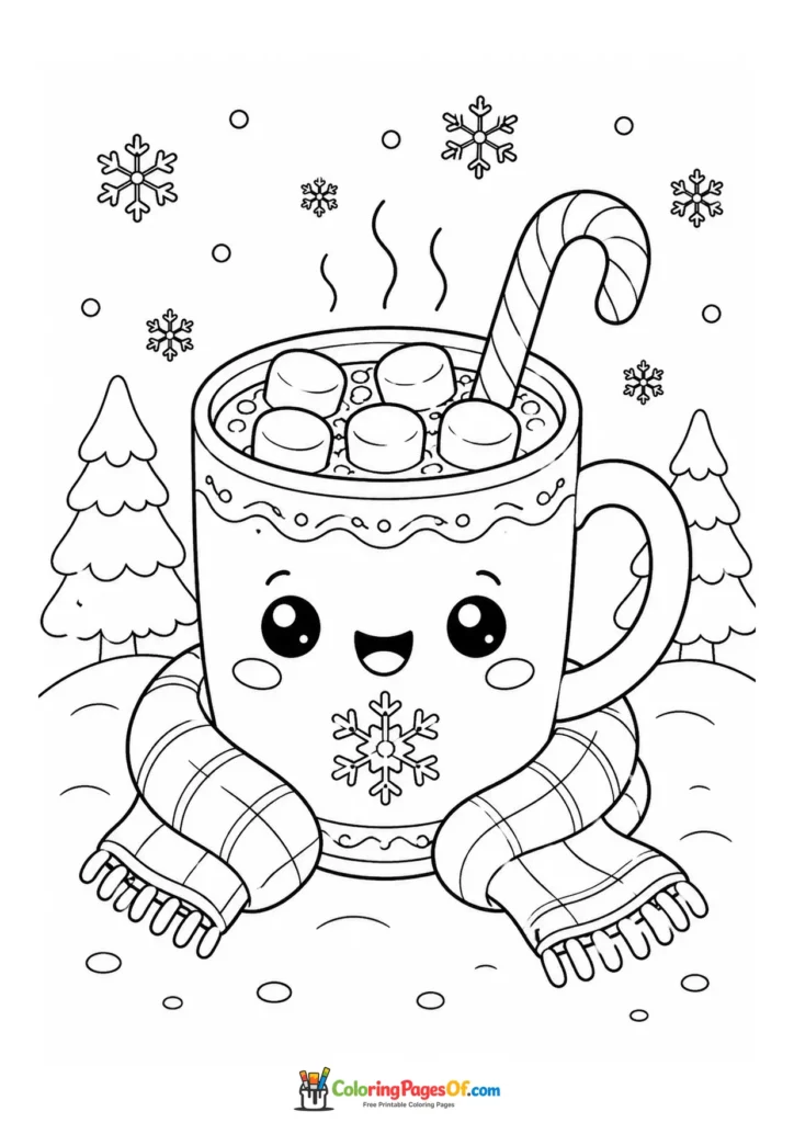 Kawaii Hot Cocoa with Marshmallows coloring page