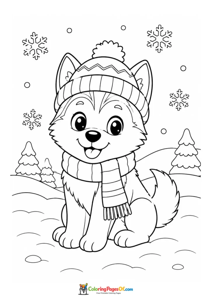 Kawaii Husky in a Winter Landscape coloring page
