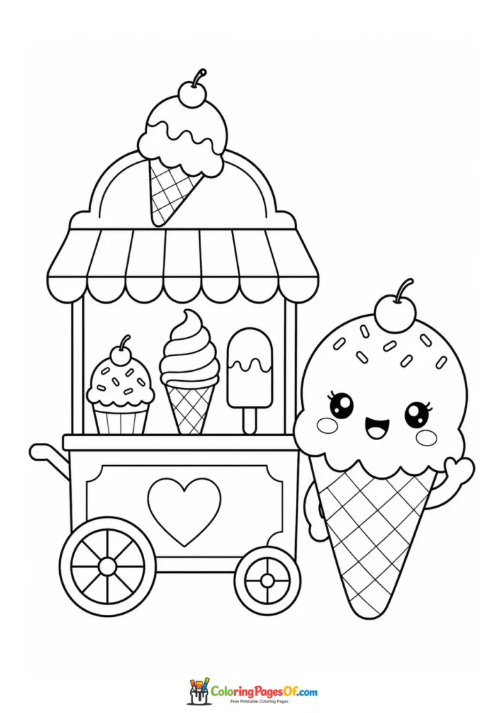 Kawaii Ice Cream Cart and Cone Character coloring page