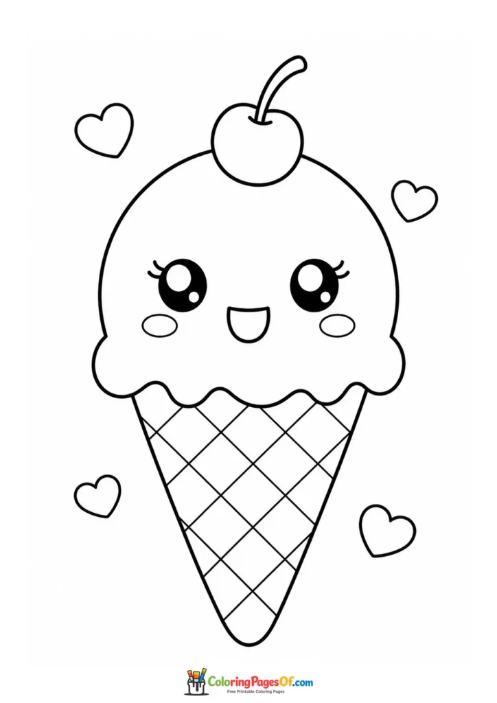 Kawaii Ice Cream Cone with a Cherry coloring page