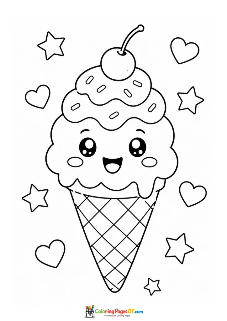 Kawaii Ice Cream Cone with Hearts and Stars coloring page