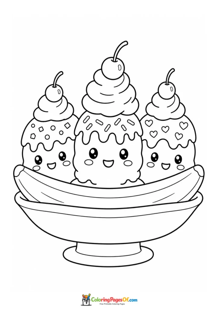 Kawaii Ice Cream Dessert with Three Scoops coloring page