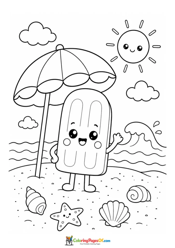 Kawaii Ice Pop at the Beach under an Umbrella coloring page