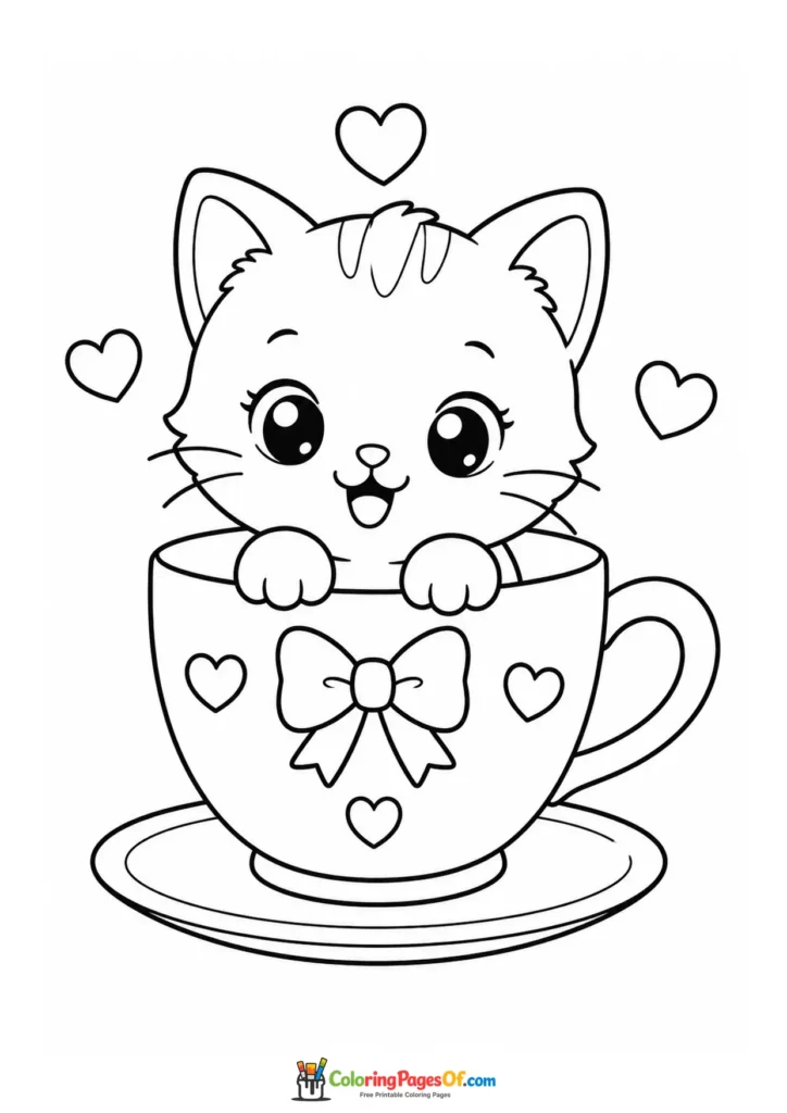 Kawaii Kitten in a Teacup coloring page