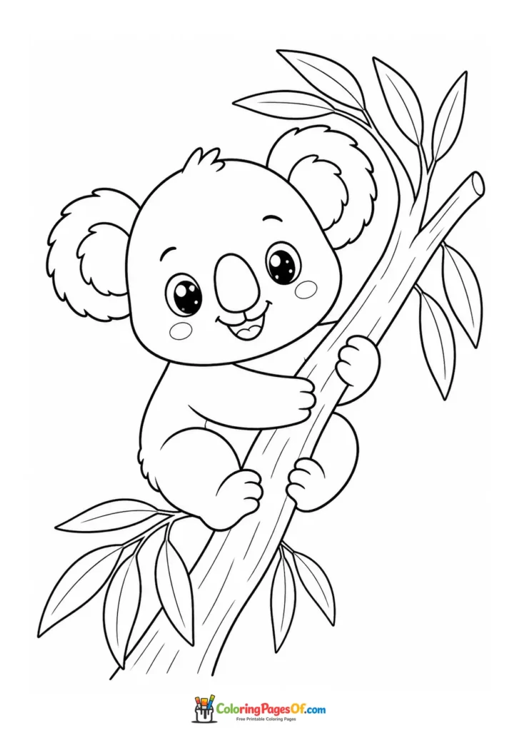 Kawaii Koala on a Tree Branch coloring page