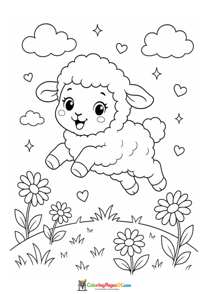 Kawaii Lamb Jumping through Flowers coloring page